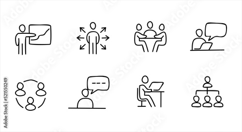 business doodle icons set. Simple set of business people related vector line icons. Contains such Icons as One on One Meeting, Workplace, Business Communication, Team Structure and more.