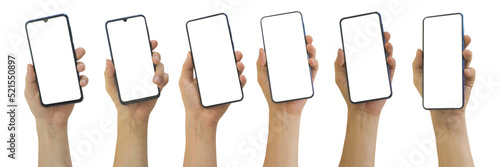 Set of man hands holding smartphone with blank screen, isolated on white background included clipping path.