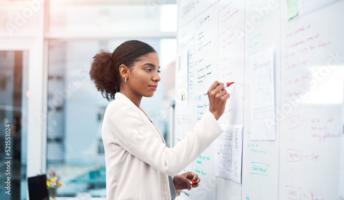 Young businesswoman planning on a whiteboard in modern office and writing a strategy for the company. Confident female African professional worker brainstorming, preparing for a presentation photo
