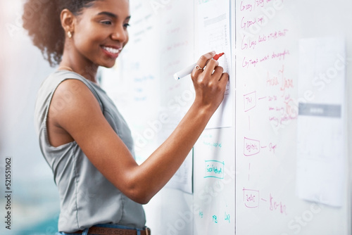 African businesswoman and project manager planning a marketing strategy and brainstorming ideas on a whiteboard for her presentation. Black entrepreneur creating schedule and plan for success