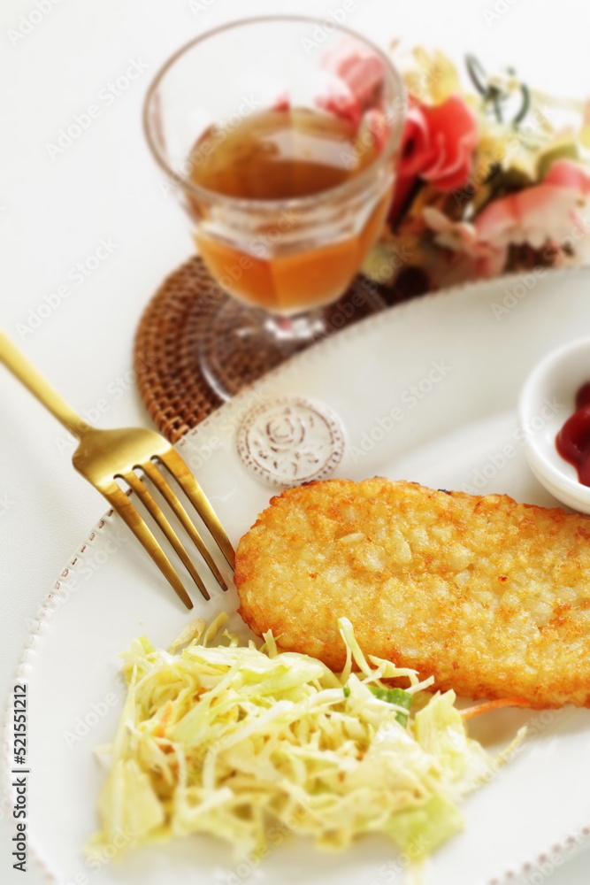 Hashed brown potato served with Cabbage Coleslaw Hashed brown potato served with Cabbage Coleslaw