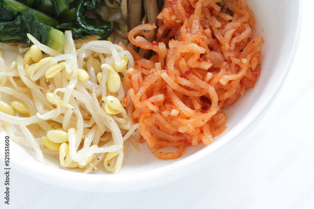 Korean food, assorted marinated vegetable in white bowl Korean food, assorted marinated vegetable in white bowl
