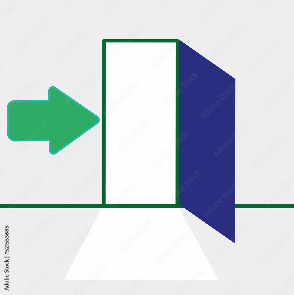 Emergency exit, escape route sign, green arrow shows the direction of exit to an open door, symbol, sign Emergency exit, escape route sign, green arrow shows the direction of exit to an open door, symbol, sign