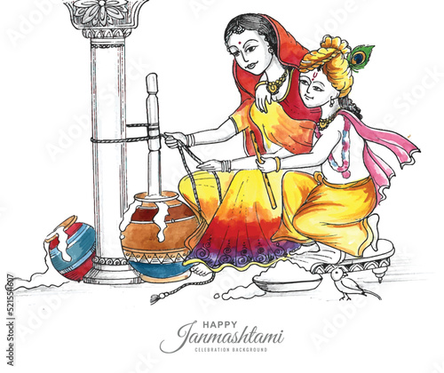 Lord Krishna playing in ma yasoda happy janmashtami holiday card background