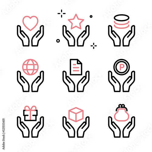 両手のひらにさまざまなものをつつんだアイコンセット