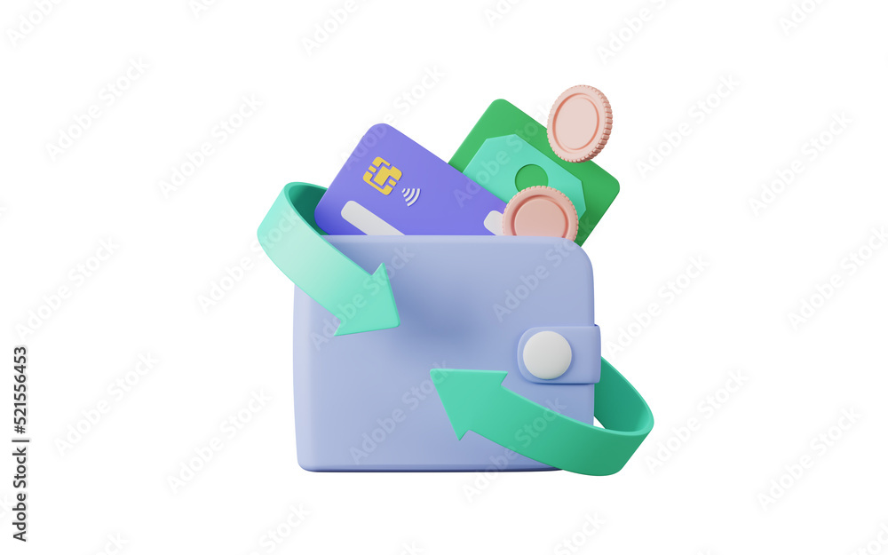 Wallet money and credit card with money coin, cashback money refund icon concept, money saving, 3D rendering illustration Wallet money and credit card with money coin, cashback money refund icon concept, money saving, 3D rendering illustration