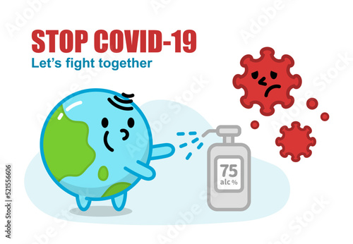 Cartoon earth washing hands and using sanitizer to stop spreading diseases of coronavirus prevention