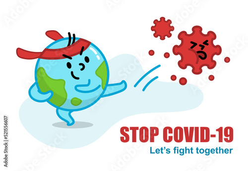 Cartoon earth character kick coronavirus away