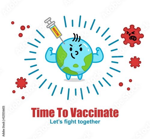 Cartoon earth character become strong after been vaccinated and not afraid of coronavirus anymore
