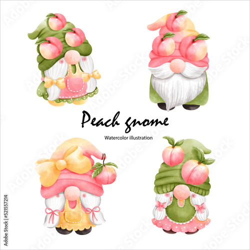 Watercolor peach gnome, watercolor fruit. vector illustration