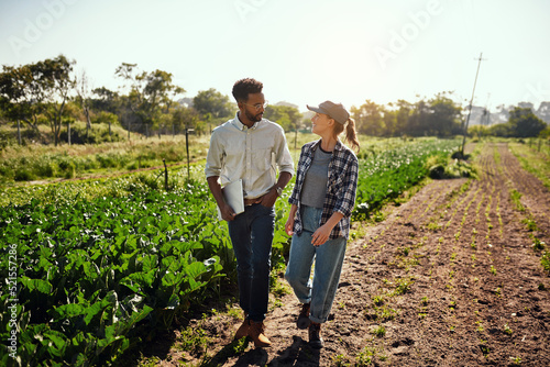 Agriculture manager and farmer meeting, talking and discussing while walking on a farm outside. Planning strategy for harvest season in an eco friendly, organic and sustainable farming industry photo
