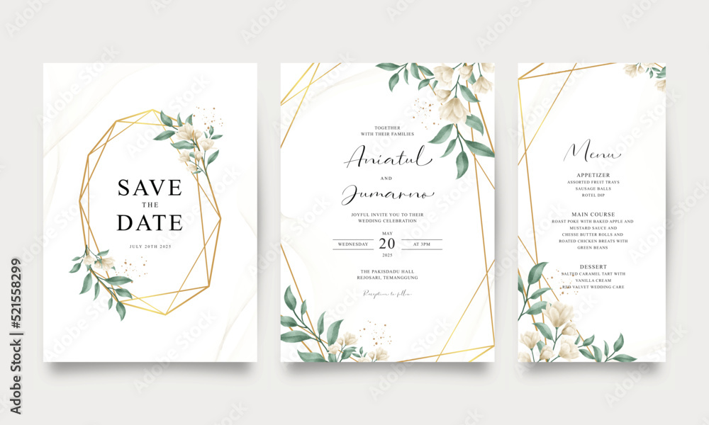 Beautiful wedding invitation set with gold geometric and watercolor floral