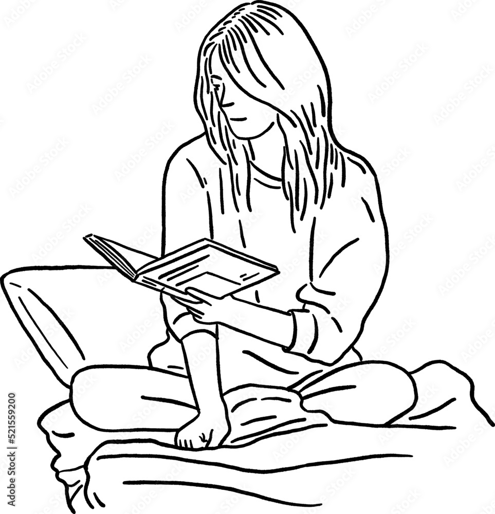Woman sit on sofa reading book People lifestyle at home Hand drawn line art Illustration