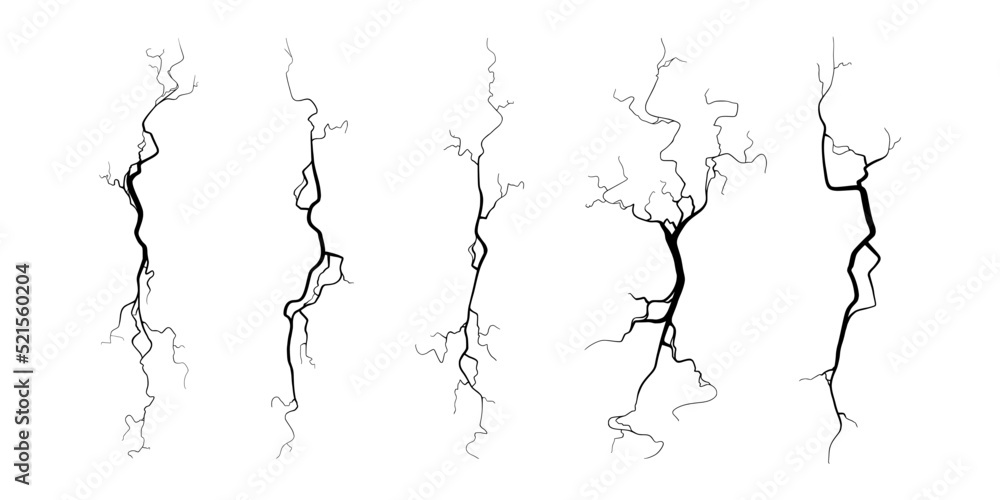 Crack on concrete or ground due to aging or drought. Set of fissures isolated in white background. Monochrome vector illustration Crack on concrete or ground due to aging or drought. Set of fissures isolated in white background. Monochrome vector illustration