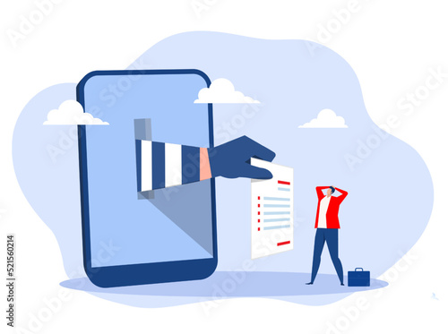 Man stress looking him invoice on laptop Warning window appear on laptop screen. Concept of virus, piracy, hacking and security.pam emails concept vector