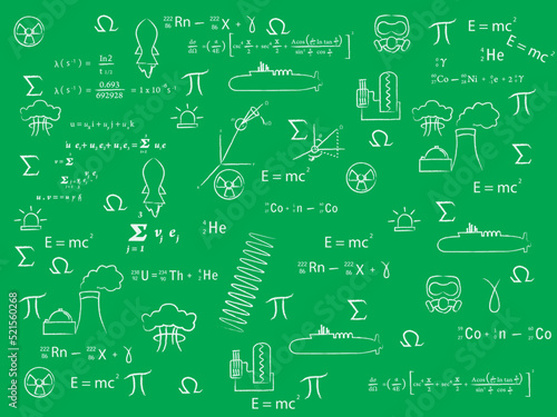 nuclear science formula seamless .nuclear doodle chalk school board concept 