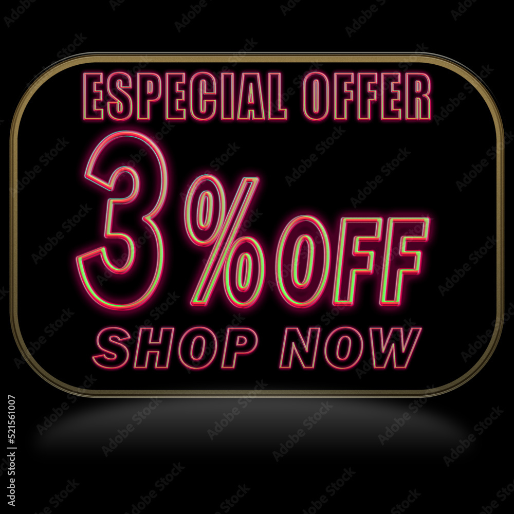 3% off. Offer price discount illustration, vector discount symbol. PREDO BALLOON WITH RED NEON ON BLACK BACKGROUND