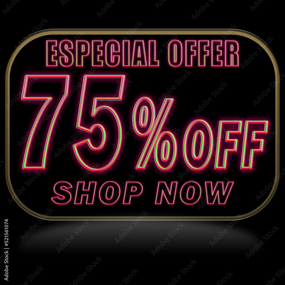 75% off. Offer price discount illustration, vector discount symbol. PREDO BALLOON WITH RED NEON ON BLACK BACKGROUND