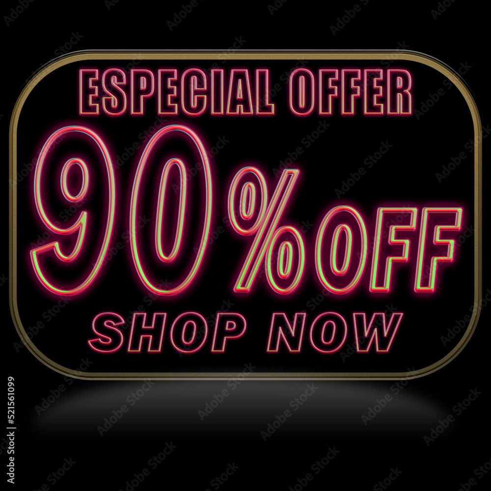 90% off. Offer price discount illustration, vector discount symbol. PREDO BALLOON WITH RED NEON ON BLACK BACKGROUND
