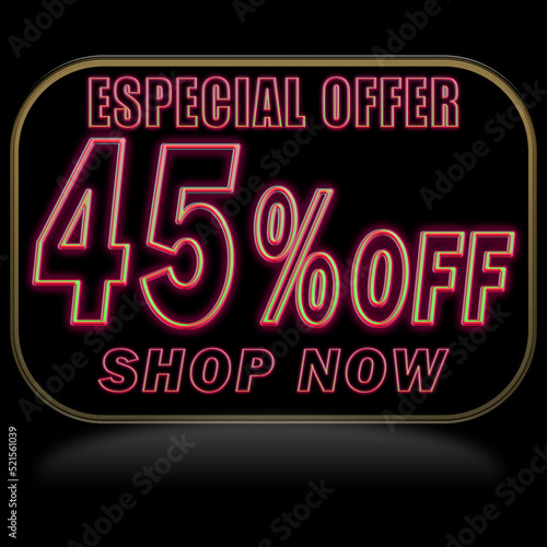 45% off. Offer price discount illustration, vector discount symbol. PREDO BALLOON WITH RED NEON ON BLACK BACKGROUND