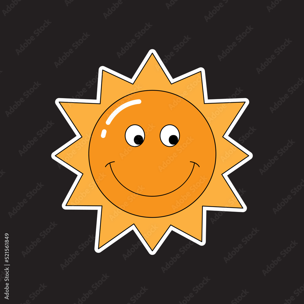 Funny sticker of a smiling orange sun in retro comics style. Cartoon vector character.