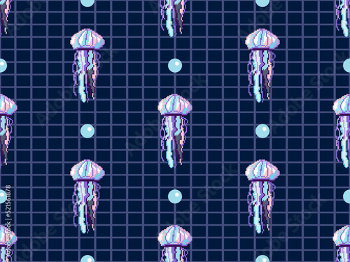 Jellyfish cartoon character seamless pattern on blue background. Pixel style