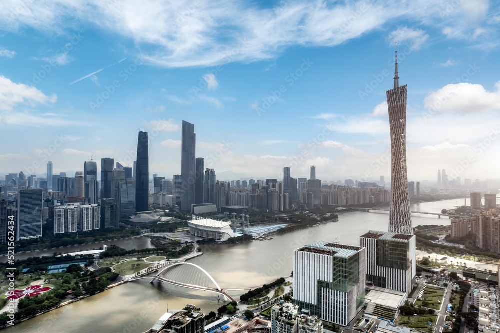 Obraz premium Aerial photography of urban buildings skylines on both sides of the Pearl River in Guangzhou, China