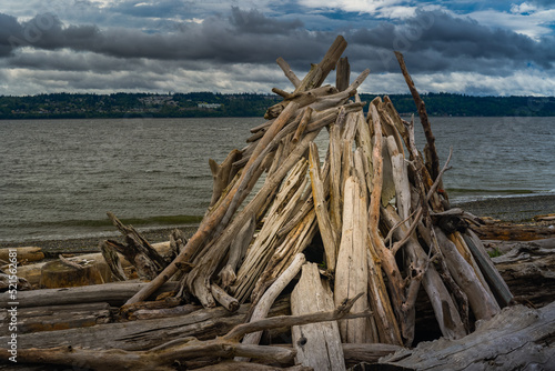 2022-08-04 A FORT BUILT OUT OF DRIFTWOOD ON THE SHORES OF WHIDBEY ISLAND WASHINGTON WITH A CLOUDY SKY © Michael J Magee