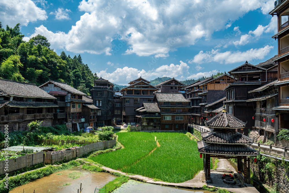 Close-up of the ancient village of Chengyang Bazhai of the Dong ethnic group in Sanjiang