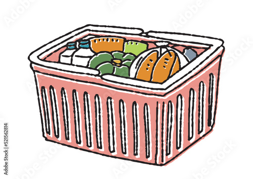買い物カゴに入った食料品　コミカルな手書きの小物　ベクター、温かみのある線画