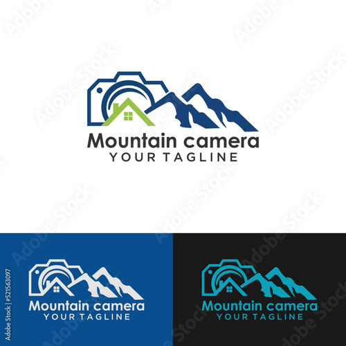 Landscape photographer logo mountain river with sunset camera outline symbol simple mnimalist photography film studio design vector