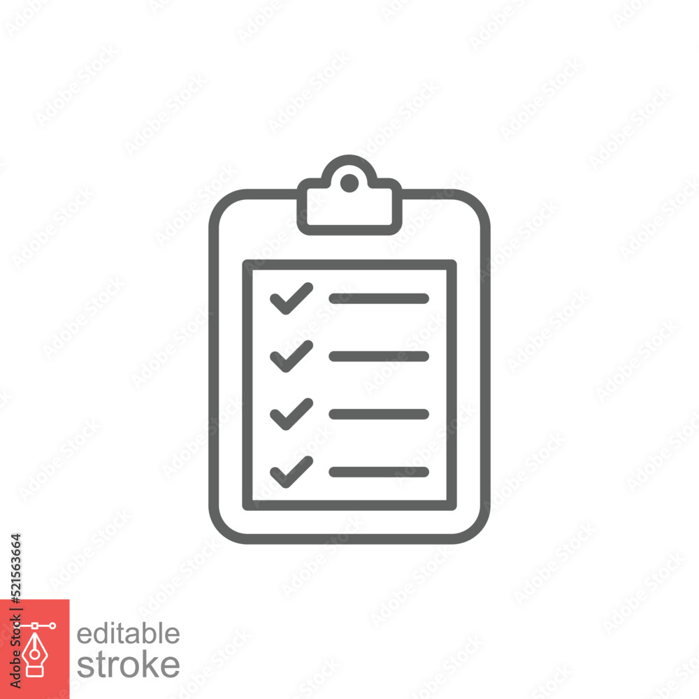 Clipboard checklist icon. Simple outline style. Document with checkmark, business agreement concept. Thin line vector illustration isolated on white background. Editable stroke EPS 10. Clipboard checklist icon. Simple outline style. Document with checkmark, business agreement concept. Thin line vector illustration isolated on white background. Editable stroke EPS 10.