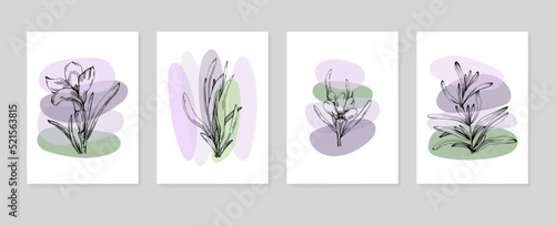 Set of Abstract lavender Hand Painted Illustrations for Wall Decoration, minimalist flower in sketch style. Postcard, Social Media Banner, Brochure Cover Design Background. Modern Abstract Painting Ar © samiradragonfly