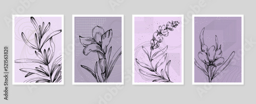 Set of Abstract lavender Hand Painted Illustrations for Wall Decoration, minimalist flower in sketch style. Postcard, Social Media Banner, Brochure Cover Design Background. Modern Abstract Painting Ar