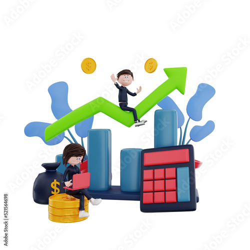 3d rendering finance character with growth graph and calculator illustration object