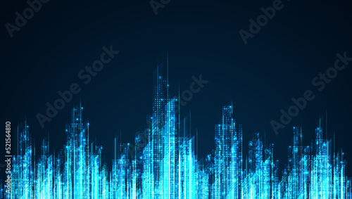 Cityscape on dark blue background with bright glowing neon. Technology city background