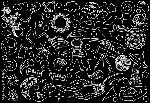 Space doodles set. Astronomy. Cosmic sketches. Zodiac. Planets. Moon and stars. Sun. Spaceship. Meteor. Comet. Alien. Asteroid. Cosmic set. Constellation. Space stickers. Universe scribbles. Galaxy.