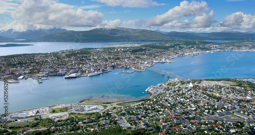 Panoramic view of Tromso city from Mt. Storsteinen in summer, northen Norway. A famous view from the top of fjellheisen, Tromso. © vaitekune