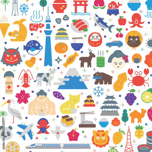 イラスト素材:日本のカラフルアイコンパターン（線幅変更可能）	