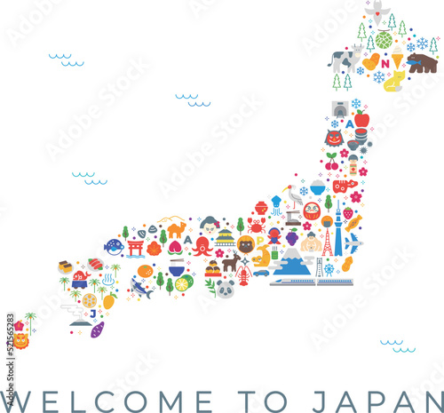 イラスト素材:日本のカラフルアイコン地図（線幅変更可能）	