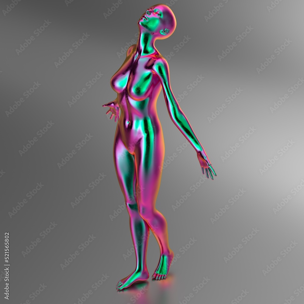Iridescent Metallic Glossy Naked Woman Mannequin In A Freedom Pose 