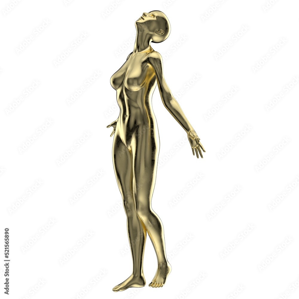 iridescent Metallic glossy naked woman mannequin in a freedom pose looking up with outreached arms - 3d illustration of a surreal futuristic technological artificial colorful and psychedelic woman
