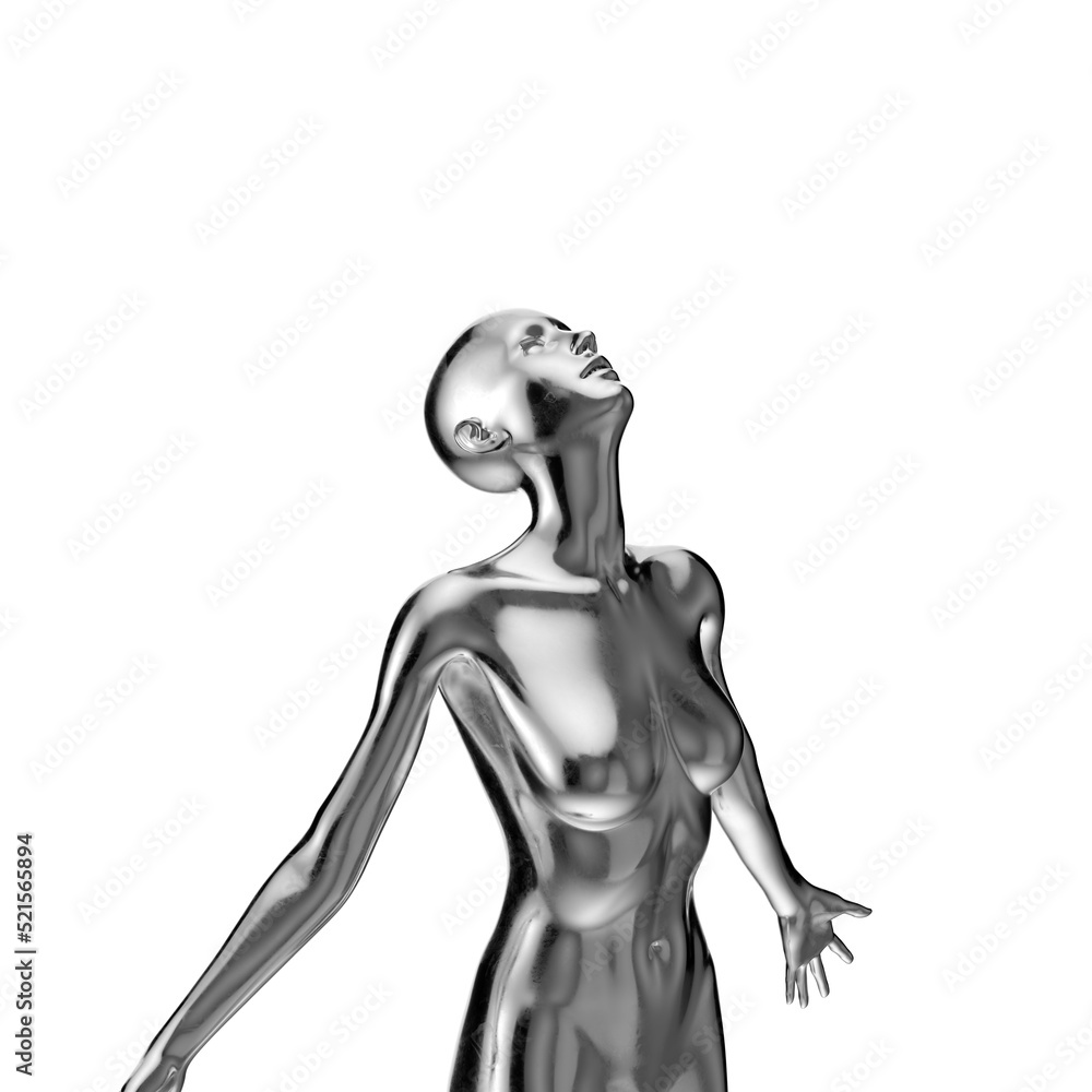 Metallic glossy naked woman mannequin in a freedom pose looking up with outreached arms - 3d illustration of a surreal futuristic technological artificial woman with silver chrome color Metallic glossy naked woman mannequin in a freedom pose looking up with outreached arms - 3d illustration of a surreal futuristic technological artificial woman with silver chrome color