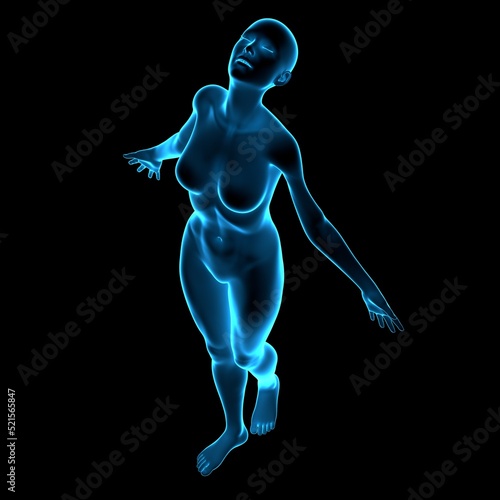 holographic x ray naked woman mannequin in a freedom pose looking up with outreached arms - 3d illustration of a surreal futuristic technological artificial woman with blue hologram translucent