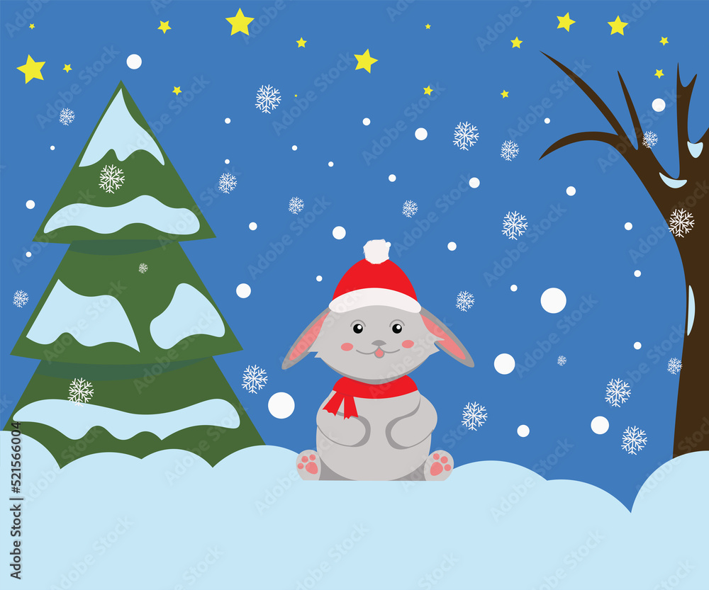winter holiday, New Year, Christmas, a rabbit in a Santa hat near a Christmas tree winter holiday, New Year, Christmas, a rabbit in a Santa hat near a Christmas tree