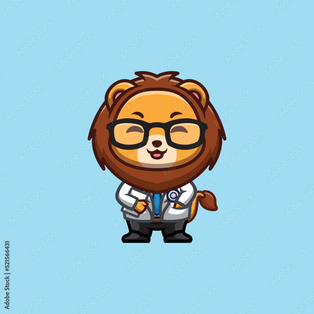 Lion Doctor Cute Creative Kawaii Cartoon Mascot Logo