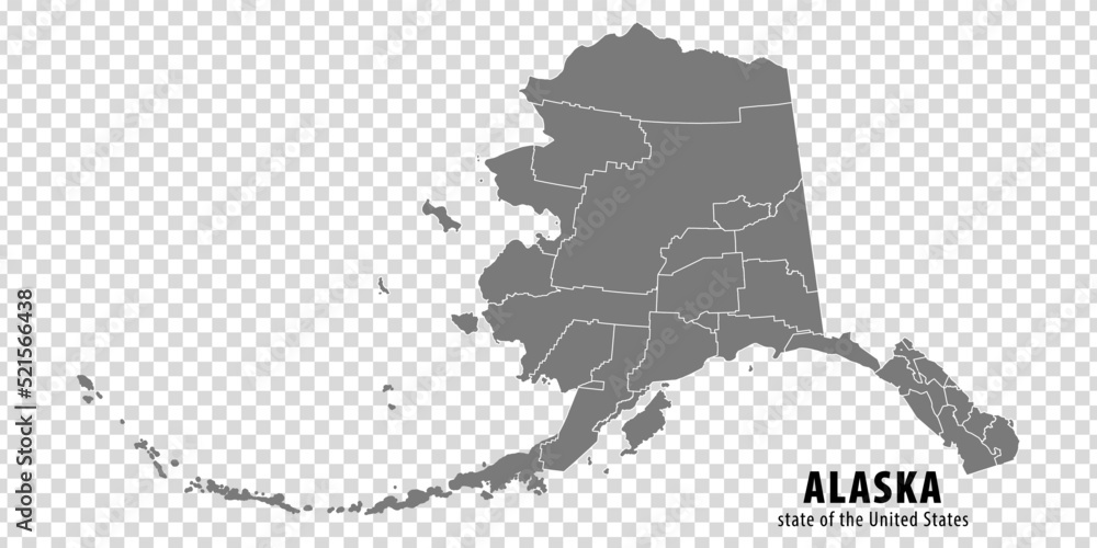 State Alaska map on transparent background. Blank map of  Alaska with  regions in gray for your web site design, logo, app, UI. USA. EPS10.