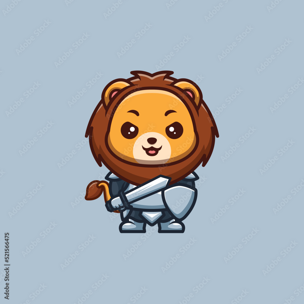 Lion Knight Cute Creative Kawaii Cartoon Mascot Logo