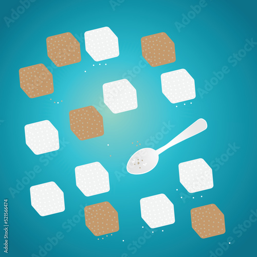 Brown and white sugar cubes and a teaspoon