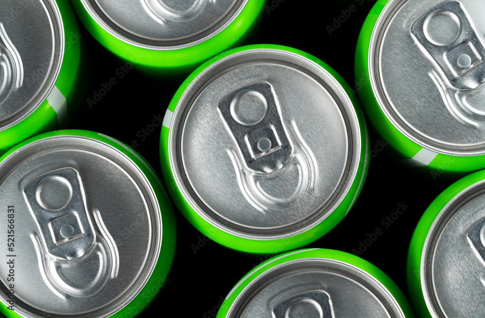 Macro of metal cans with refreshing drinks Macro of metal cans with refreshing drinks
